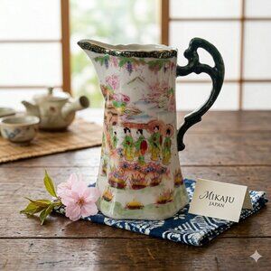 Vintage Mikaju Japan Porcelain Pitcher Hand Painted Geisha Girls Asian Vase 8”